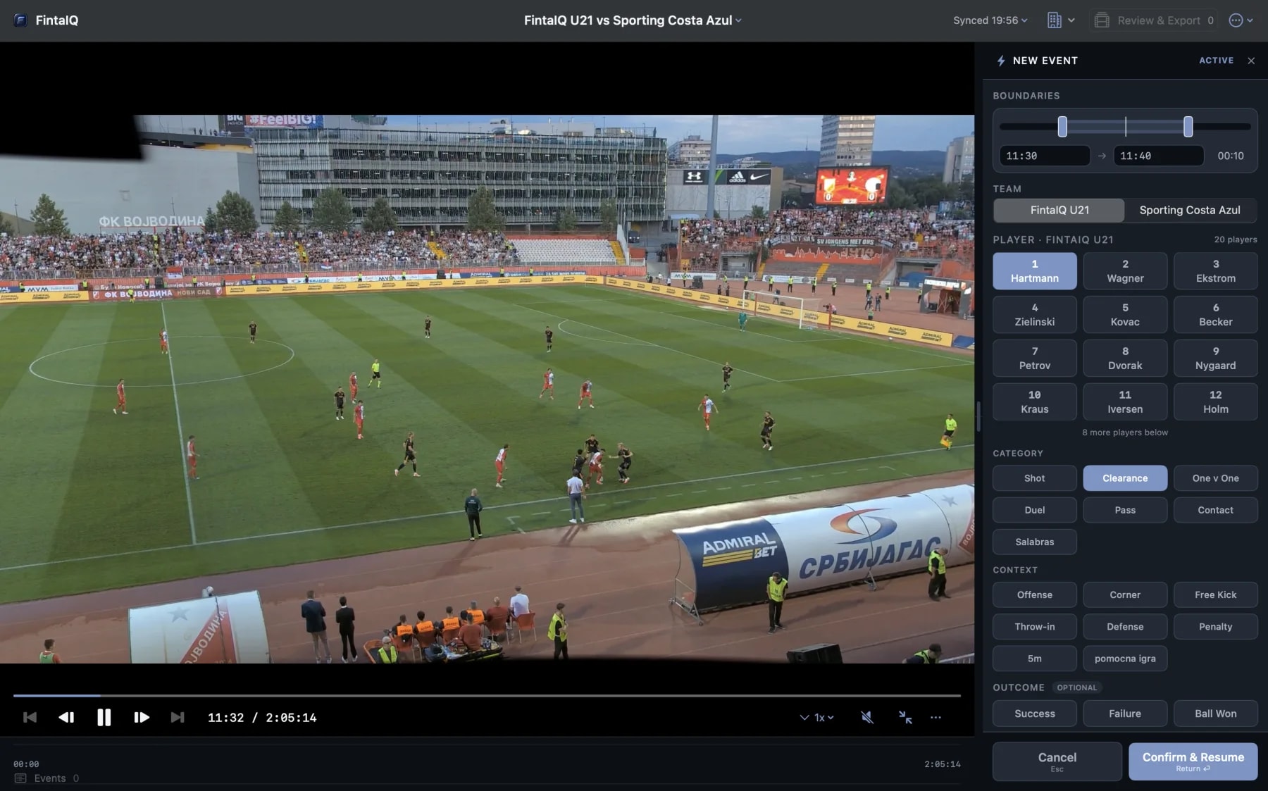 FintaIQ tagging app: an analyst has selected #1 Hartmann and is tagging a Clearance at 11:32 in the match